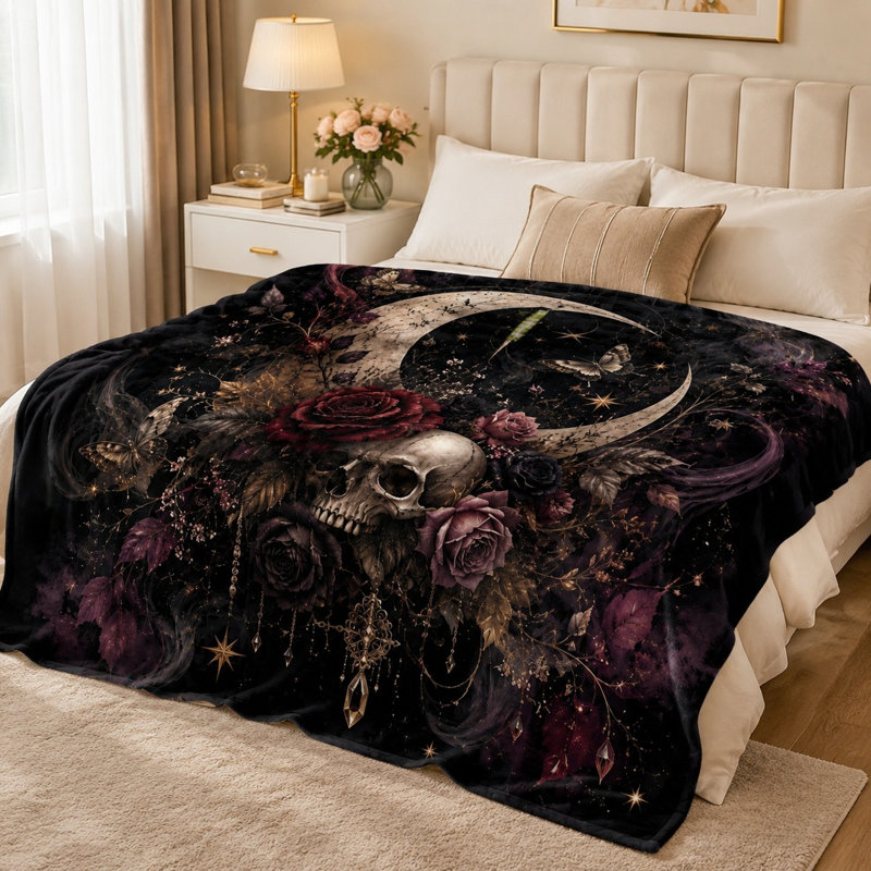 Couverture en peluche imprimée de crânes gothiques, lune et roses, parure de lit artistique à motif floral sombre pour canapé, chambre, salon et décoration intérieure