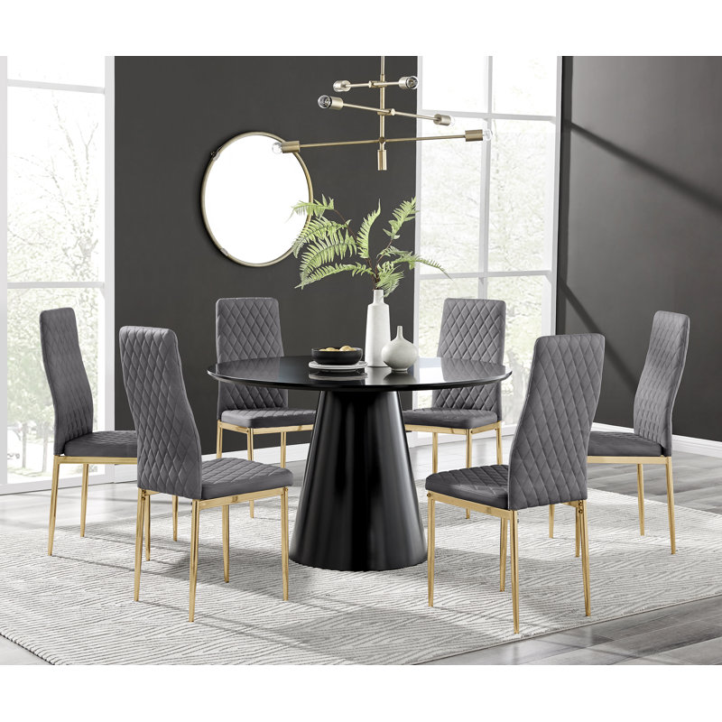 Edzard Statement Pedestal Round Dining Table Set & 6 Luxury Velvet Dining Chairs, Black, Grey/Gold