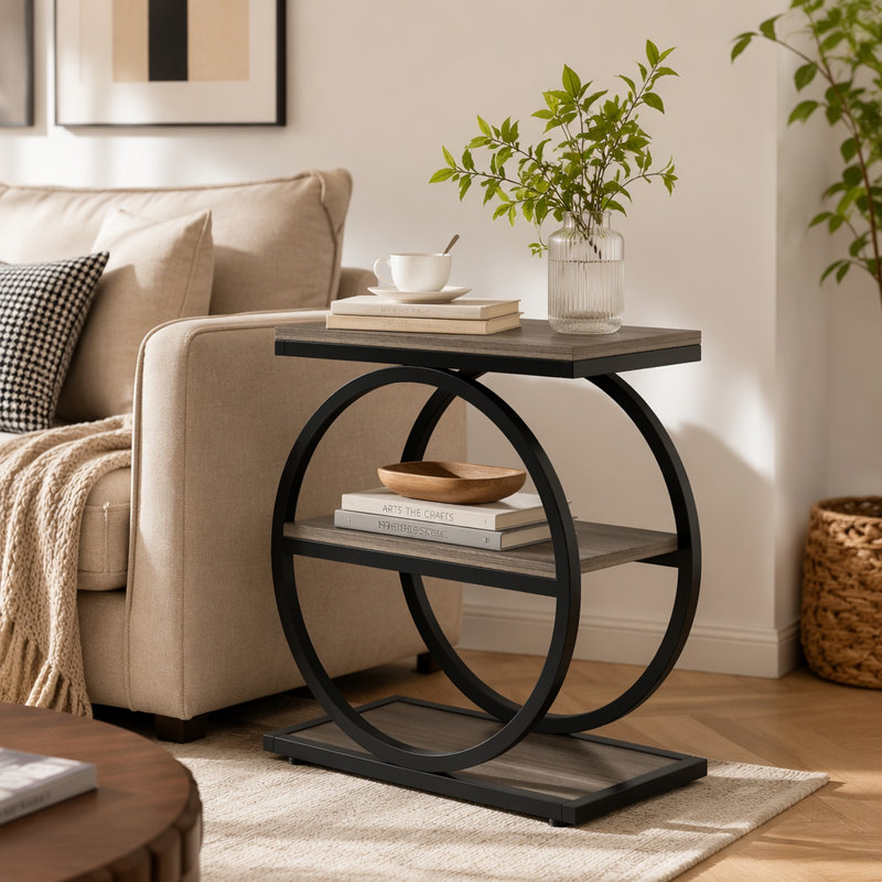 Table de bout à 3 niveaux, table d'appoint industrielle avec structure ronde en métal