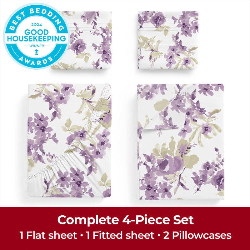 Draps Mellanni 1800, Ensemble de draps pour lit très grand californien, Floral mauve Madison
