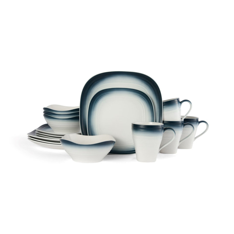 Mikasa Swirl Square 16 Piece Dinnerware Set, Service for 4, Ombre Blue