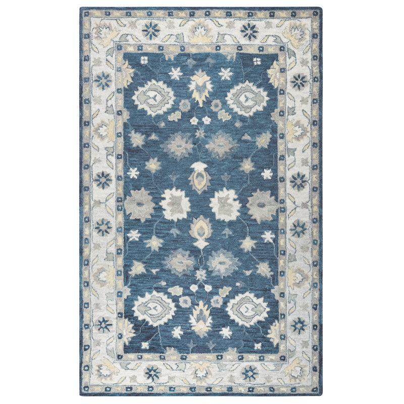 Tapis bleu / beige en laine touffeté à la main Cavendish, Rectangle 5 pi x 8 pi