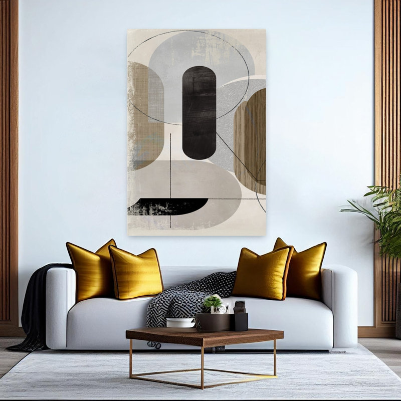 «Geometric Harmony In Neutral Tones II», art mural contemporain abstrait, H 60 po x l 40 po