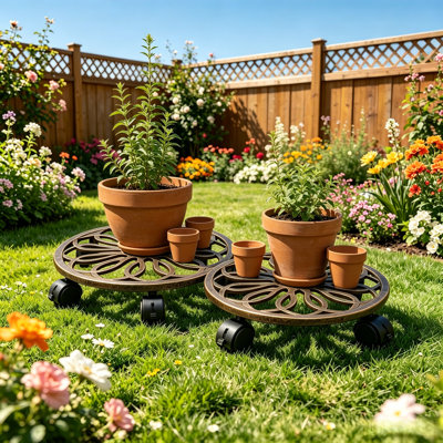 Support pour plante robuste en fonte 12 po avec roues verrouillables (ensemble de 2), cuivre noir