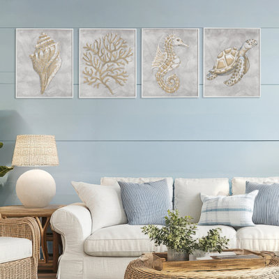 Grey Sea Life Drawing 4pc Framed Giclee Set, design by Patti Bishop
