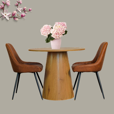 Ensemble de table de salle à manger 5 pièces, table ronde en chêne 35 po, chaise de salle à manger 4 pièces en polyuréthane brun