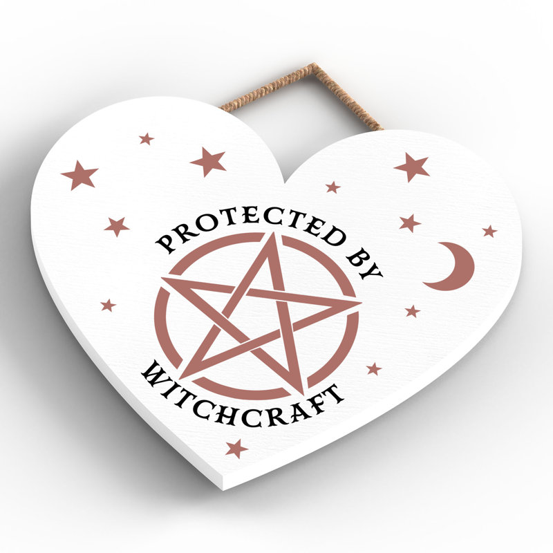 Protected by Witchcraft Wooden Heart Plaque, White, 16cm H x 17cm W x 0.9cm D