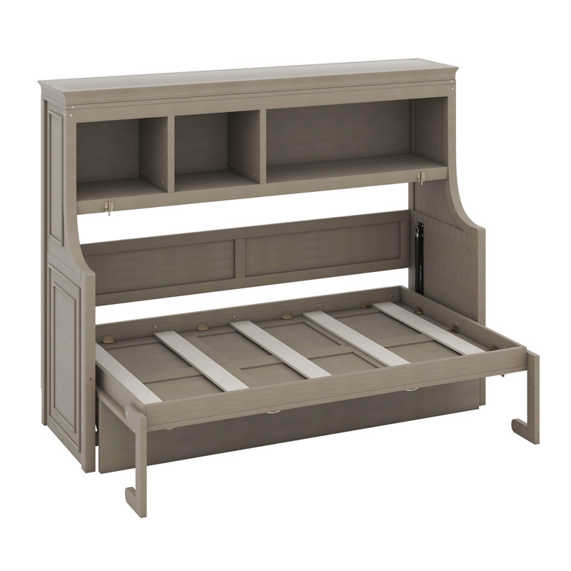 Lit escamotable horizontal simple avec bureau, cadre de lit mural pliable avec tablettes de rangement, Gris délavé