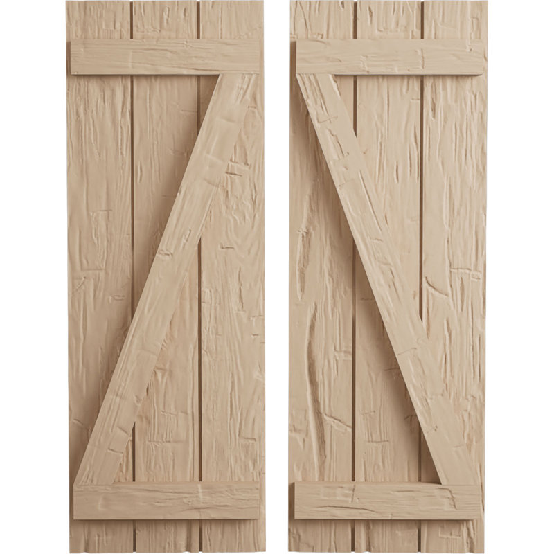 Volets en faux bois avec planche en Z, Texture taillée à la main / brun clair apprêté, 16", H 30 po x l 16,5 po x P 1 po