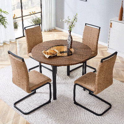 42"Round Dining Table Set For 4,  Dining Room Table Set, 5-Piece Kitchen Table And Chairs Set, For Living Room, Small Space (Include 4 Brown Chairs)