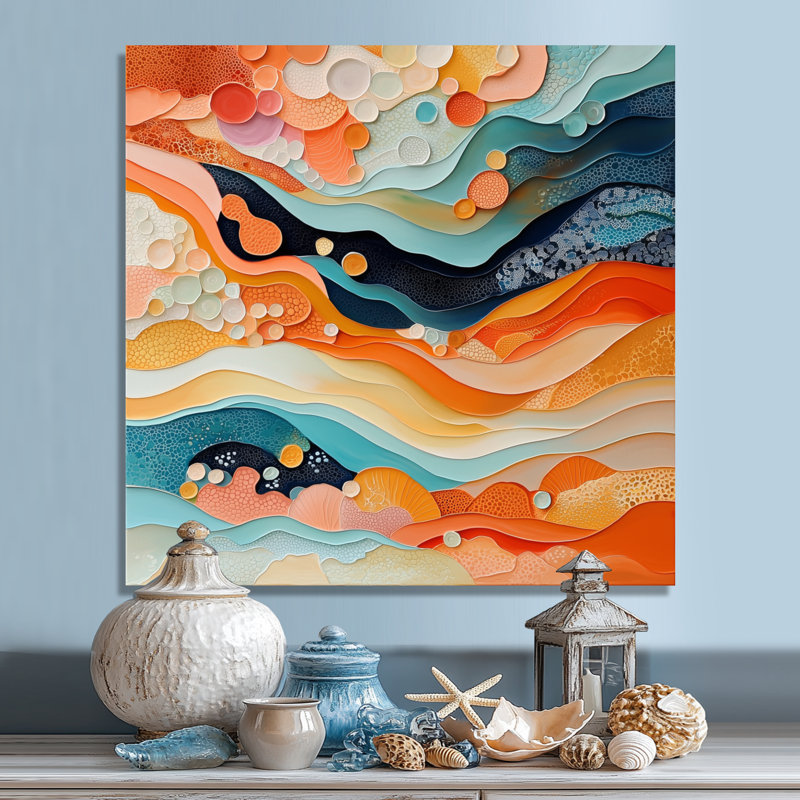 Nuccia abstrait corail vagues océaniques de l'éternité III - art mural corail, H 30 po x l 30 po, Toile tendue