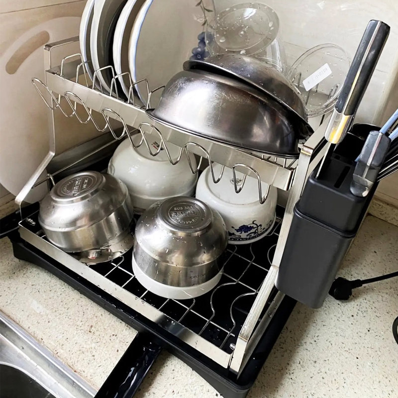 Two-Tier Stainless Rust-Resistant Adjustable Dish Rack, Silver