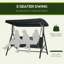 Balancelle de patio 3 places avec coussin, 3 coussins décoratifs et auvent réglable pour porche, jardin, bord de piscine, cour