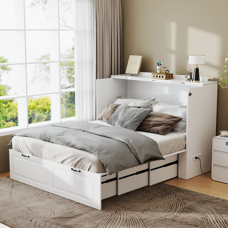 Armoire lit double pleine grandeur avec station de charge USB Lit plateforme pliable peu encombrant avec tiroir de rangement, blanc