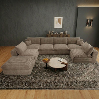 136" Cloud Sectional Couch with U-Shaped Chaise,7-Seater Corduroy Viral Boneless Sofa with Ottoman,Memory Foam Couches in a Box with Deep Seat for Living Room,No Assembly Required
