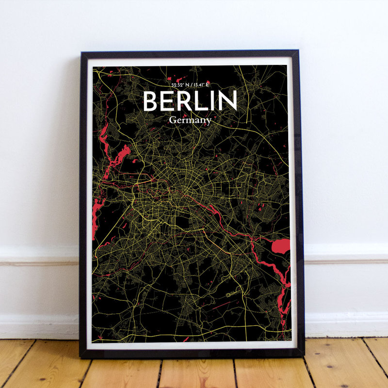 Berlin City Map - Unframed Graphic Art Print on Paper, 50.8cm H x 40.6cm W x 0.13cm D, Gold/White
