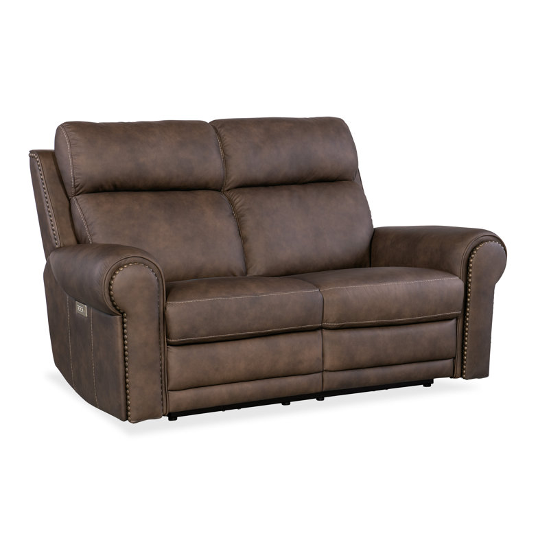Kalahari Camel Leather Reclining Loveseat with Rolled Arms and Nailhead Trim