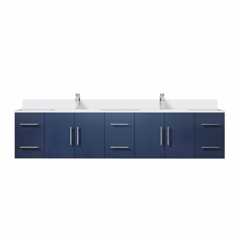 Meuble-lavabo double 84 po X P 22 po D, plateau en quartz blanc et ensemble de robinet, Bleu