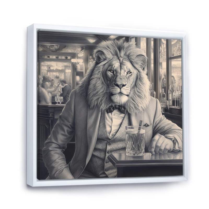 Lion ayant une boisson sur toile, H 30 po x l 30 po x P 1 po, Cadre flottant blanc