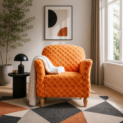Chaise d'appoint à carreaux en velours côtelé, fauteuil rembourré avec tissu en damier moelleux, pieds en bois massif, chaise d'appoint moderne pour le salon