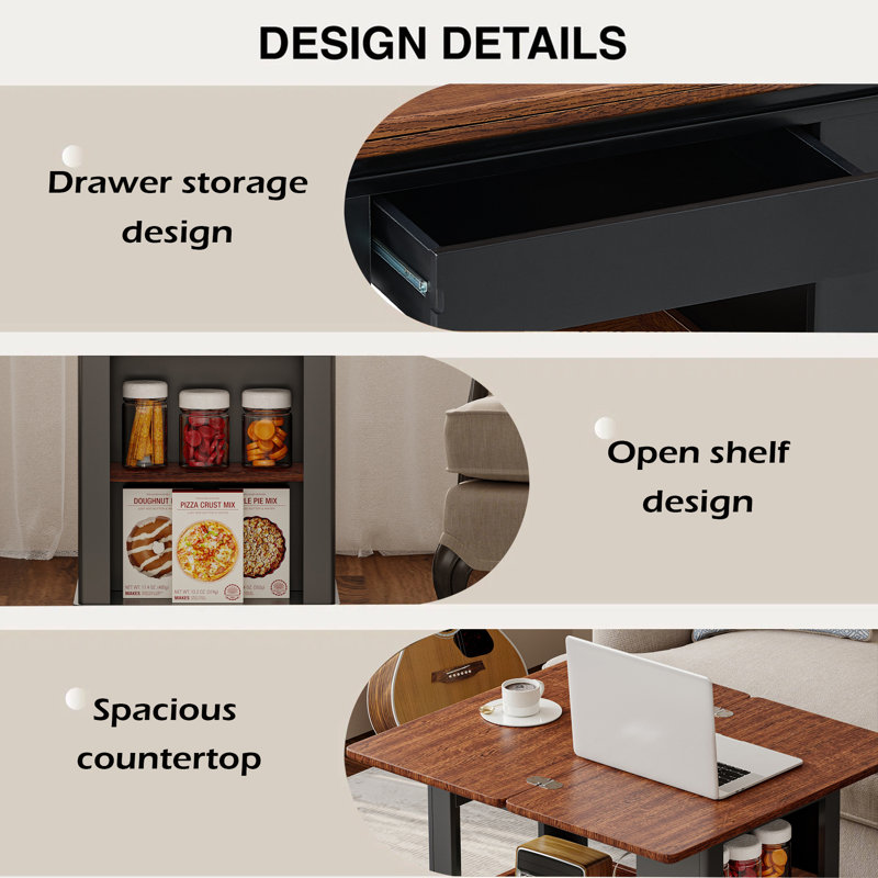 Table basse / table d'appoint moderne 27,6 po avec plateau pliable et roulettes, rangement à plusieurs niveaux, Noir