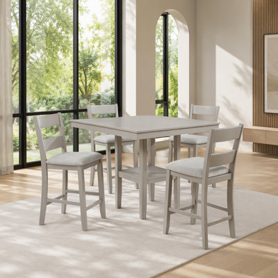 Ensemble de salle à manger rustique 5 pièces de style ferme avec table carrée haute, plateau en bois, étagère, chaises en tissu aspect lin, finition grège