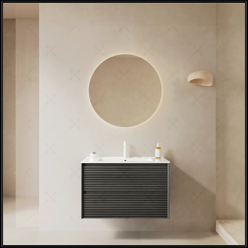 Meuble-lavabo flottant mural 30 po avec lavabo en céramique blanc et 2 tiroirs à fermeture en douceur, finition chêne foncé Bron