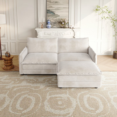Corduroy Fabric Loveseat Sofa Couch With 1 Footrest For Living Room,2 Seater L-Shaped Sectional With Ottoman, Upholstered Large Size Deep Seat 2-Seat Sofa With 2 Cushions