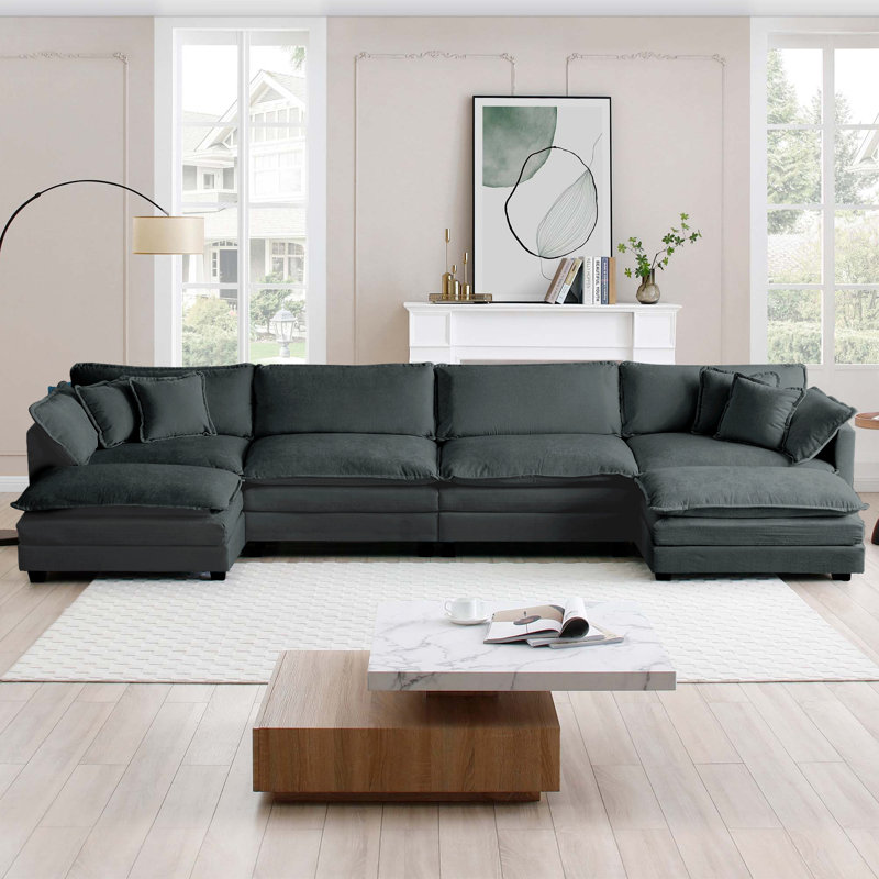 Canapé en chenille 4 pièces avec canapé et repose-pieds pour salon , H 33 po x l 146 po x P 35 po, Gris chenille