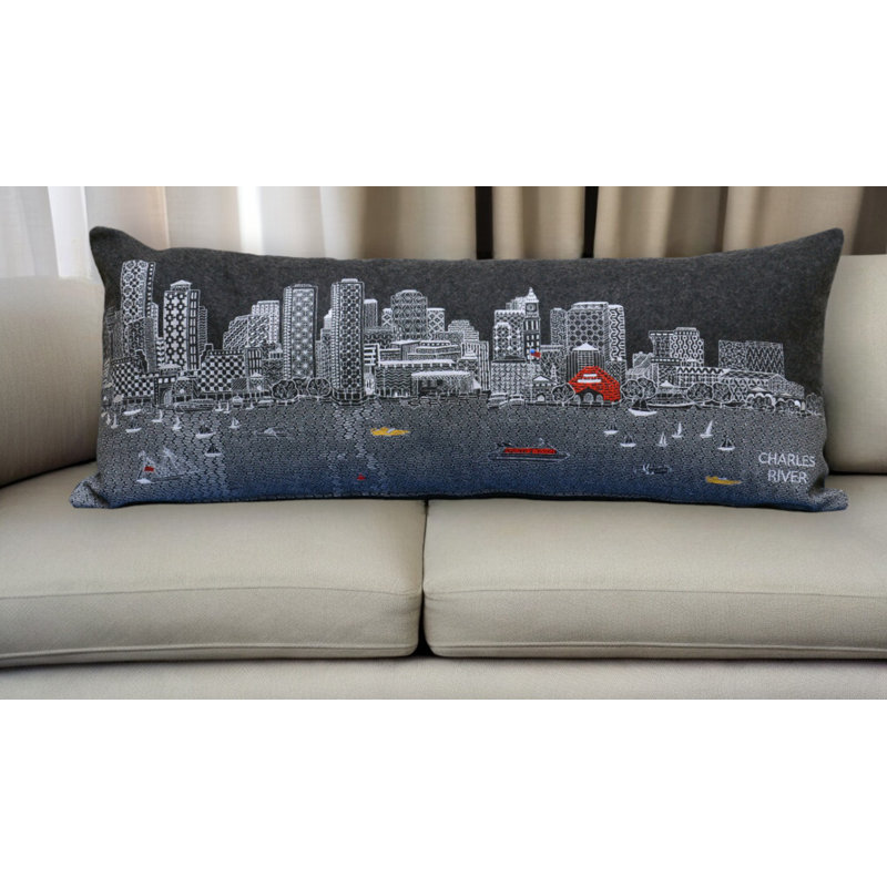  Coussin Boston Nighttime Skyline, gris, 14 po x 35 po
