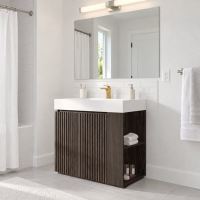 Meuble-lavabo autoportant de 91 cm (36 po) avec lavabo monobloc en surface solide, grand meuble de rangement, fermeture amortie et design moderne.