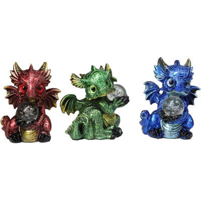 Red Blue And Green Baby Dragon Hatchlings Holding LED Glass Spheres Figurines