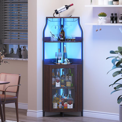 Armoire de coin pour bar à vin, armoire de rangement pour alcool à 5 niveaux avec porte de grange, étagère en verre, tablettes réglables, rangement pour la salle à manger, la cuisine et le salon
