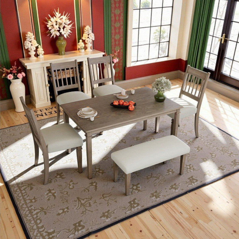 Ensemble de salle à manger 6 pièces avec table rectangulaire, 4 chaises et un banc, Brun
