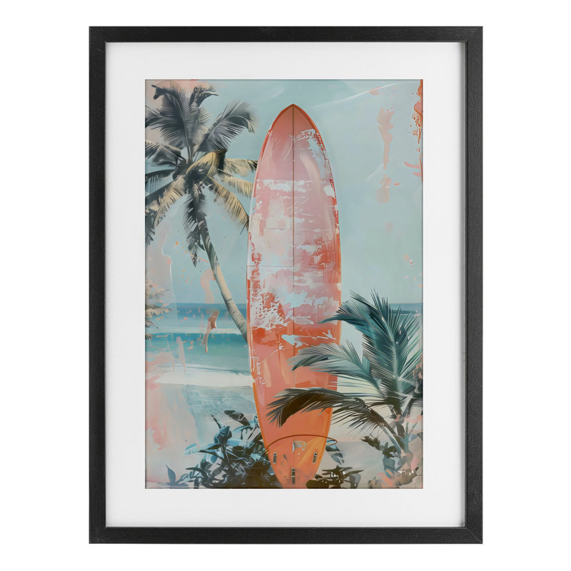 «Peach Surf» patiné, impression sous verre moderne, design par LSR Design Studio, H 20 po x l 14 po, Cadre noir minuit