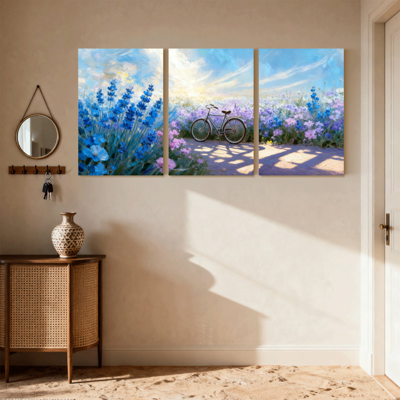 Assortiment de bouquets de fleurs bleues avec chemin de bicyclette, ciel et ombre, ensemble de 3 toiles murales