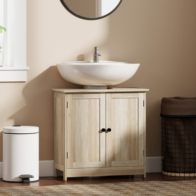 Armoire de salle de bain sous le lavabo avec 2 portes et tablette réglable, chêne gris patiné
