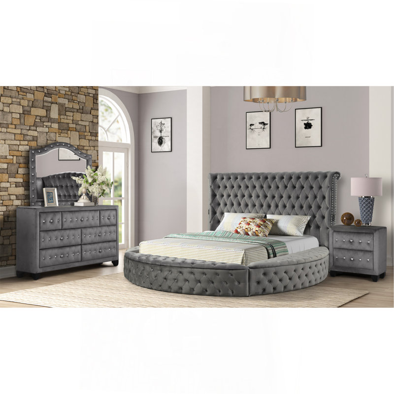 Ensemble de chambre à coucher pour grand lit en tissu d'ameublement capitonné 4 pièces