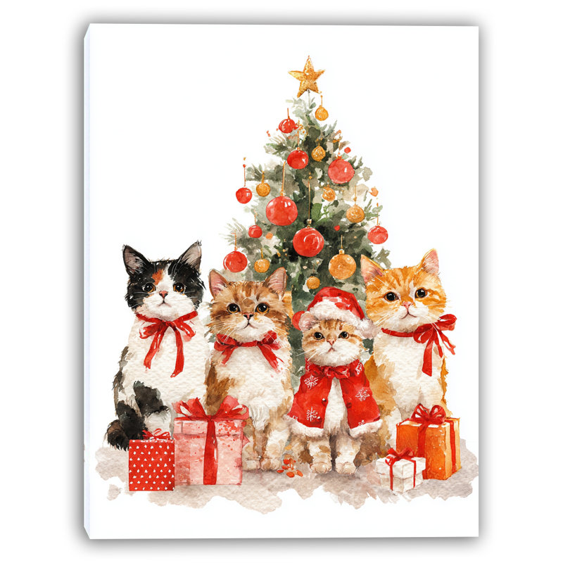 «Christmas Cats by the Tree», art mural sur toile tendue, H 24 po x l 16 po