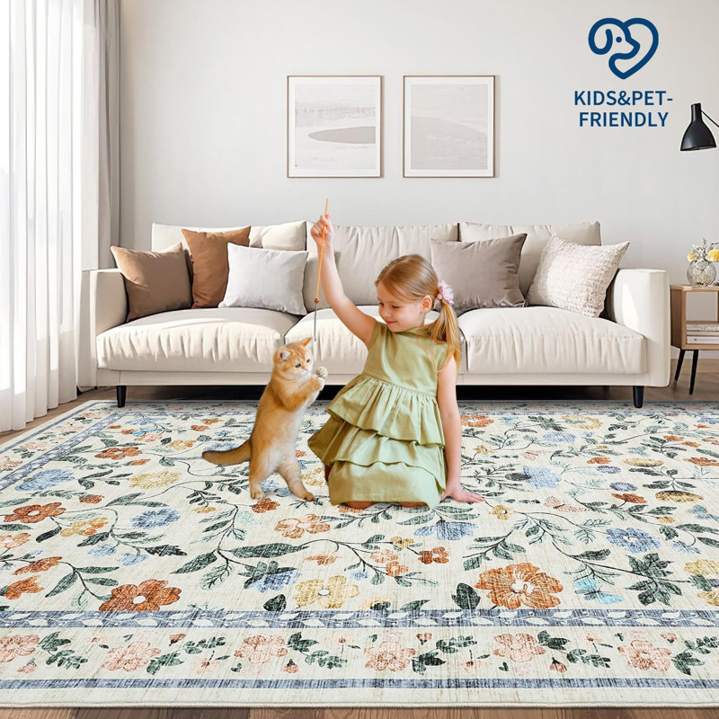 Floral Machine Printed Area Rug, Rectangle 80 cm x 150 cm
