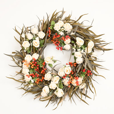 26" Large Artificial Fall Harvest Dried Grass Berry Roses Floral Wreath for Front Door Thanksgiving Decor