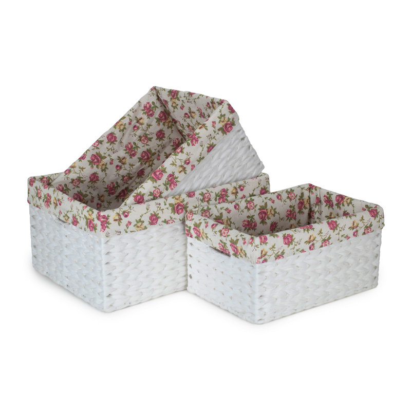 Highland Dunes 3 Piece Wicker Storage Basket Set with Lining, White/Garden Rose Lining