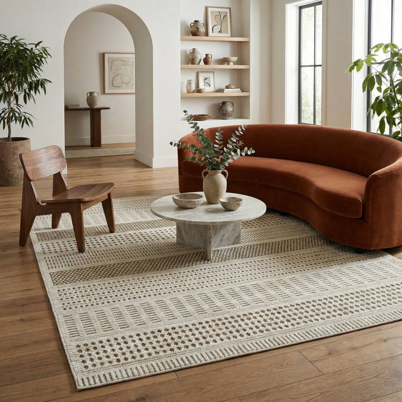 Tapis à motif géométrique beige / brun à motif géométrique de 5 pi x 7 pi (5 pi 3 po x 7 pi 1 po) Branch Branch Azura - salon, chambre à coucher, salle à manger et cuisine
