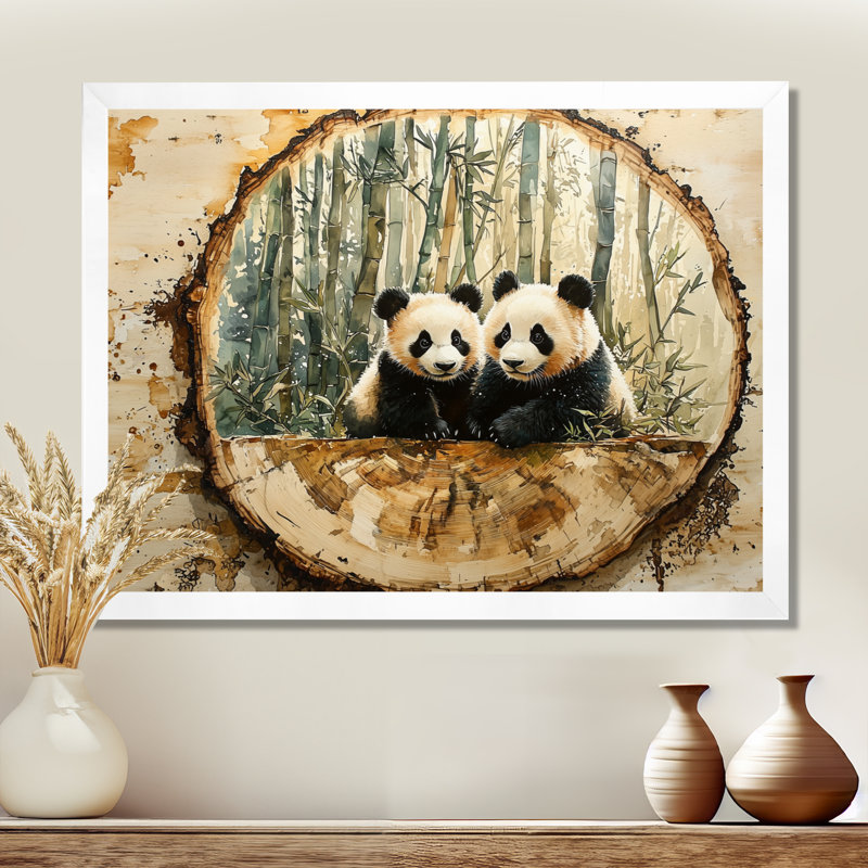 «Gonzella Wood Slide Panda Family In The Forest II», art mural Panda, H 16 po x l 32 po, Blanc
