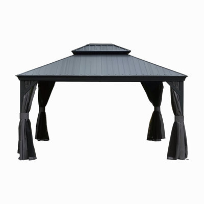 10'X12' Hardtop Gazebo With Resin Roof, Outdoor Metal Gazebo With Drainage Gutters, Permanent Heavy Duty Pavilion For Patio, Backyard And Deck, Curtains And Mosquito Netting Included