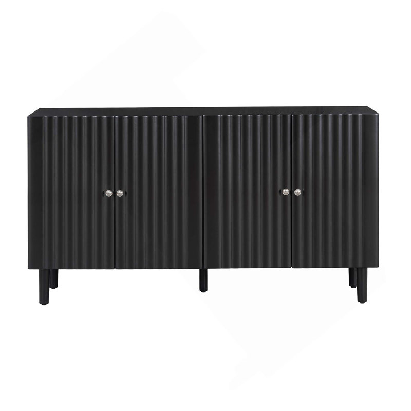 Four-Door Sideboard with Wavy Pattern Doors, Cylindrical Legs, and Sleek Metal Handles, Black