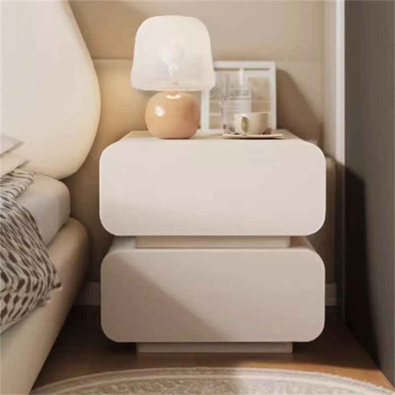 Modern White Nightstand with 2 Drawers, Rounded Corner Bedside Table with Solid Base, Minimalist Storage Cabinet for Bedroom, Small Space Friendly End Table with Smooth Finish