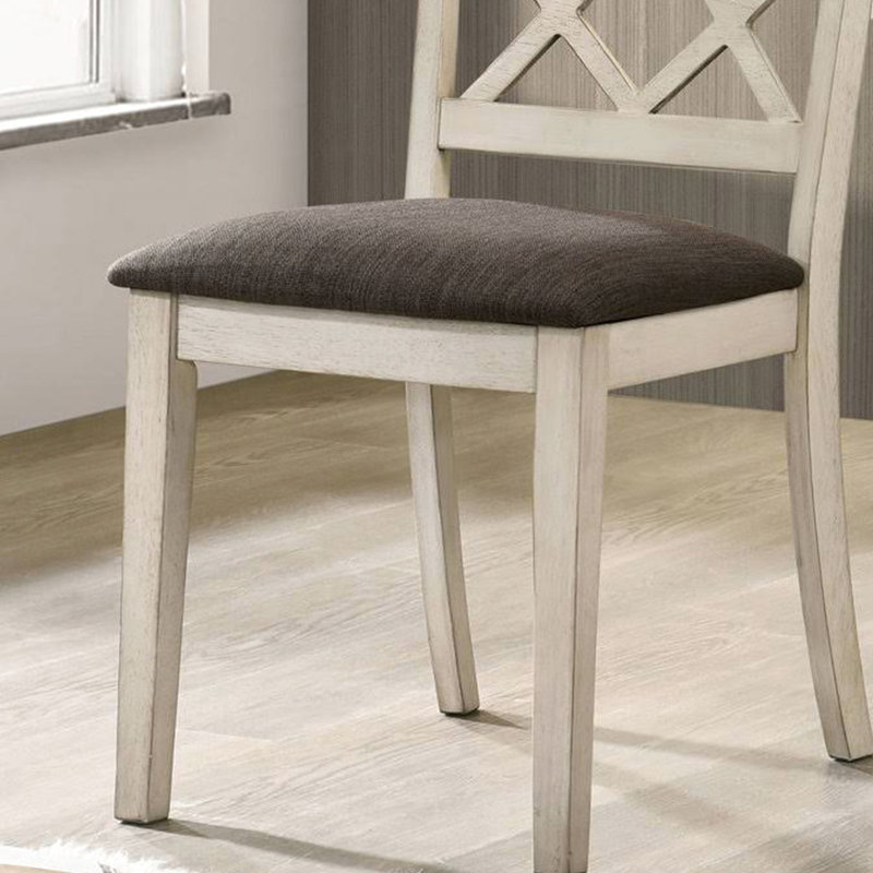 De 2 chaises de salle à manger, tissu d'ameublement, blanc antique et gris, dossier à dossier croisé blanc / gris, siège rembourré