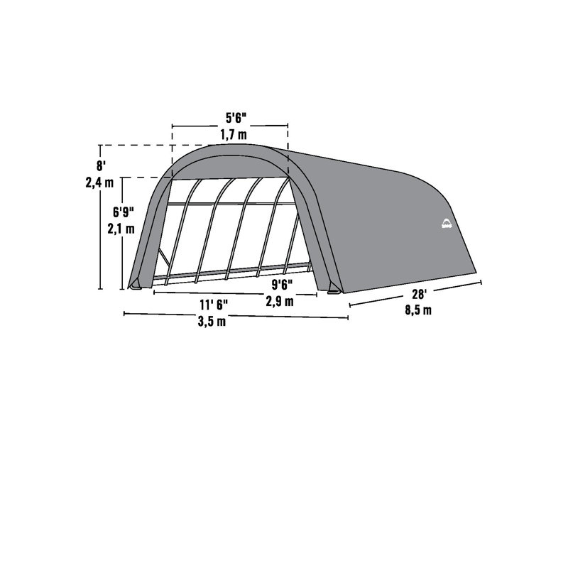 Abri rond de style rond, couverture verte, H 8 pi x l 12 pi x P 28 pi, Vert