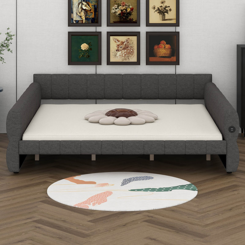 King Size Upholstered Daybed With USB Ports, Lambswool Platform Bed Frame, Gray